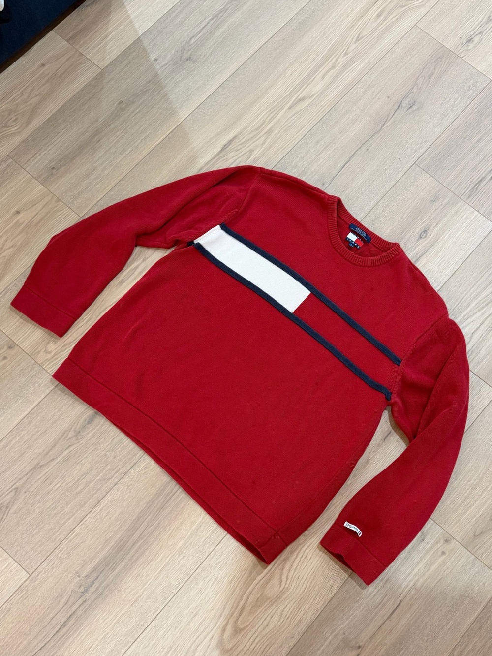 Y2K Tommy Hilfiger Red Crewneck Sweater with White and Navy Stripe